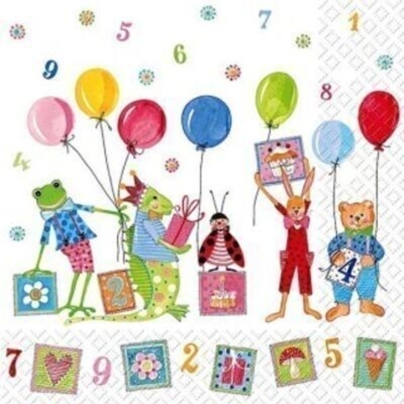 Balloon and Creatures Merimo Childrens Party Napkins, 20 napkins in pack. 3 ply. 33x33cm. Environmentally friendly cellulose printed with water-based inks.